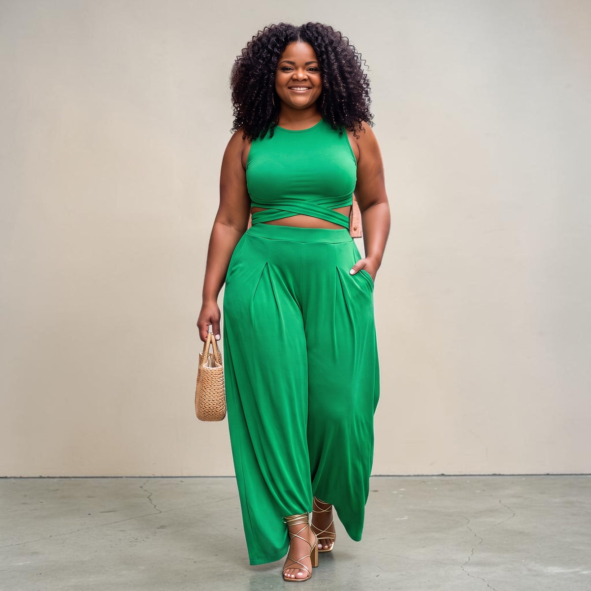PLUS SIZE WRAP TIE CROP TOP & WIDE LEG PANTS SET