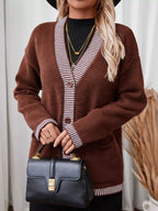 Striped Trim Button Front Pocket Knit Cardigan