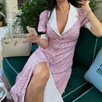 Elegant Floral Dress Summer Polo Collar Short Sleeve High Waist Print A line Dress for Women