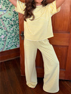 Women Y2K Striped Two Piece Outfit Summer Basic Short Sleeve Crew Neck Top and Wide Leg Pants Set Casual Loungewear Homewear