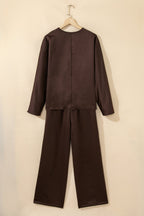 Dark Brown Braided V Neck Long Sleeve Loose Top and Drawstring High Waist Pants 2pcs Outfit